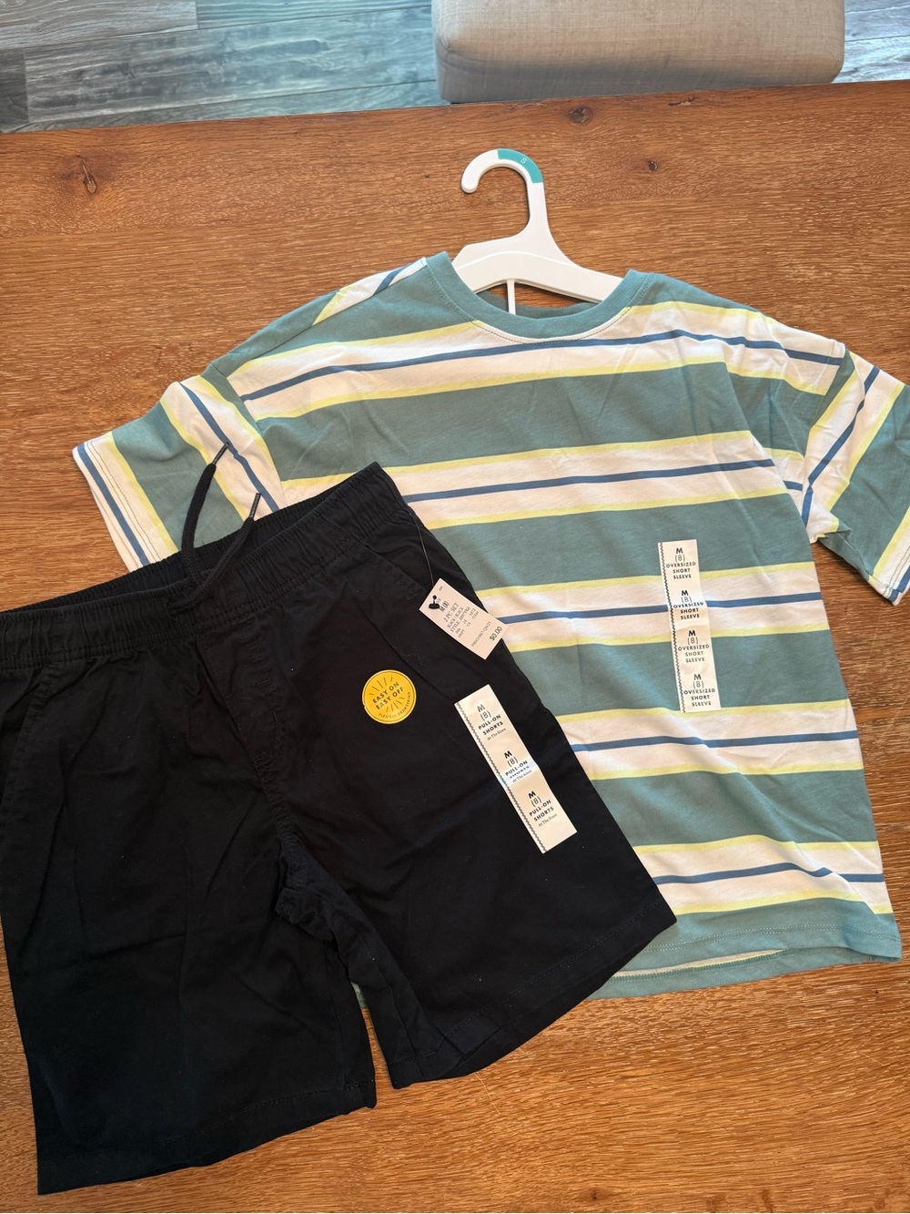 Cat & Jack Green/White/Yellow Striped Short Sleeve Tee and Black Pull On Shorts